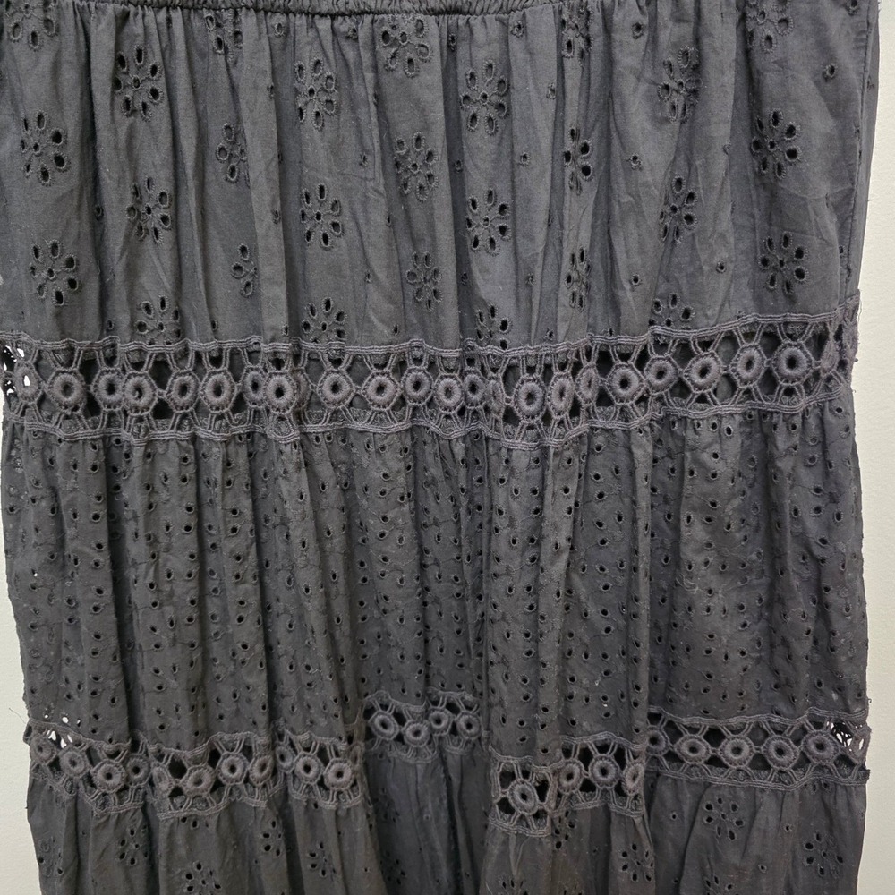 ASOS DESIGN Black Eyelet Cotton Smocked Tiered Maxi Dress Puff Sleeve US 14 Boho - Picture 7 of 15